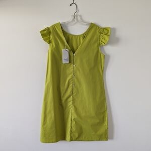 Angelos Moda Lime Green Cotton Dress Made in Italy, Size L Cap Sleeve V neck